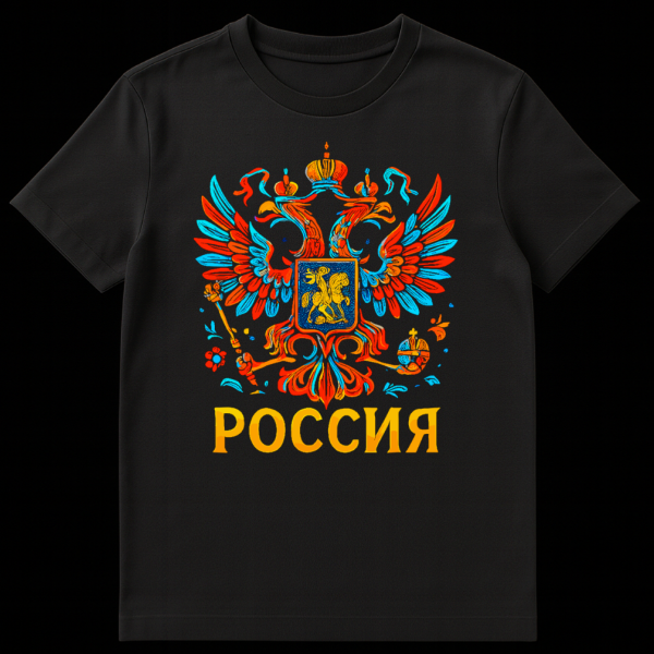 Front view of a black t-shirt featuring a stylized, vibrant Russian double-headed eagle design in bright orange, light blue, and gold, with 'РОССИЯ' text below. on black t-shirt