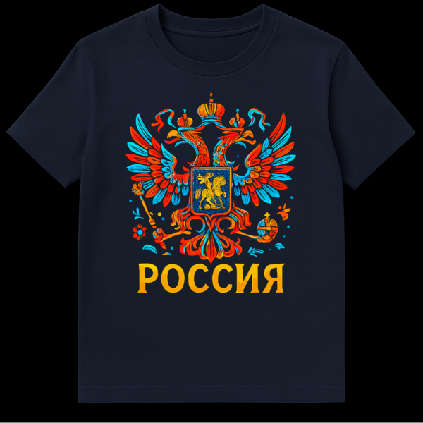 Front view of a black t-shirt featuring a stylized, vibrant Russian double-headed eagle design in bright orange, light blue, and gold, with 'РОССИЯ' text below. on navy blue t-shirt