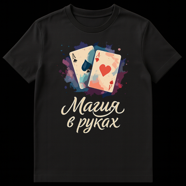 Vintage artistic t-shirt featuring distressed Ace of Spades and Ace of Hearts playing cards on a watercolor splash background with Russian text 'Magic in hands' below. on black t-shirt