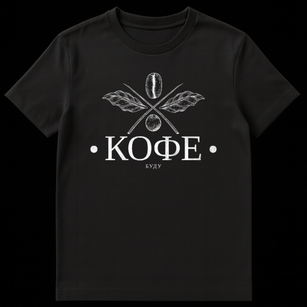 Grey t-shirt with a white vintage, hand-drawn coffee design featuring crossed coffee beans and leaves above the Cyrillic text 'КОФЕ БУДУ'. on black t-shirt