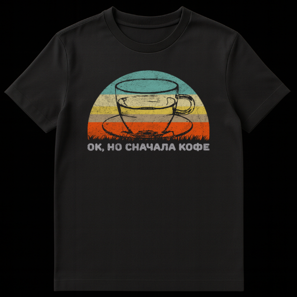 Vintage style Russian T-shirt with 'OK, BUT FIRST COFFEE' slogan, featuring a distressed coffee cup graphic in teal, yellow, and orange on a white fabric mockup. on black t-shirt