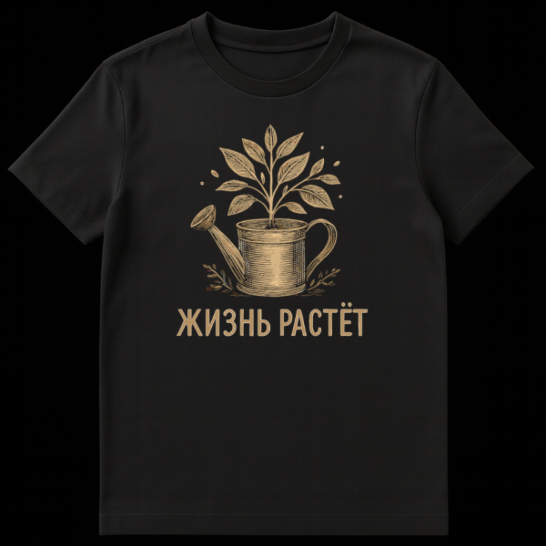 Vintage etched illustration of a plant growing from a watering can on a grey t-shirt, with the Russian text 'ZHIZN RASTET' in golden-brown below. on black t-shirt