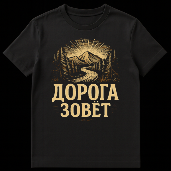 Vintage-style Russian T-shirt featuring an earthy gold and brown graphic of a mountain, rising sun, pine trees, and a winding road, with the Russian text 'ДОРОГА ЗОВЁТ' (The Road Calls) below. on black t-shirt
