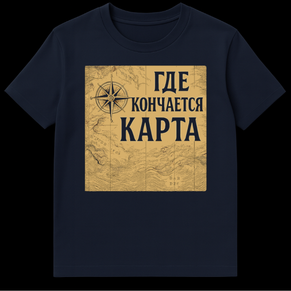 Vintage style t-shirt with sepia antique map background, a compass rose, and bold grey Cyrillic text 'GDE KONCHAETSYA KARTA' meaning 'WHERE THE MAP ENDS'. on navy blue t-shirt