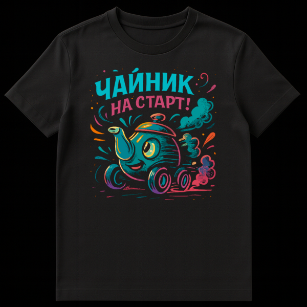 White t-shirt mockup featuring a whimsical cartoon teapot on wheels, like a race car, with steam trailing. Text "CHAYNIK NA START!" in teal and pink above it. on black t-shirt