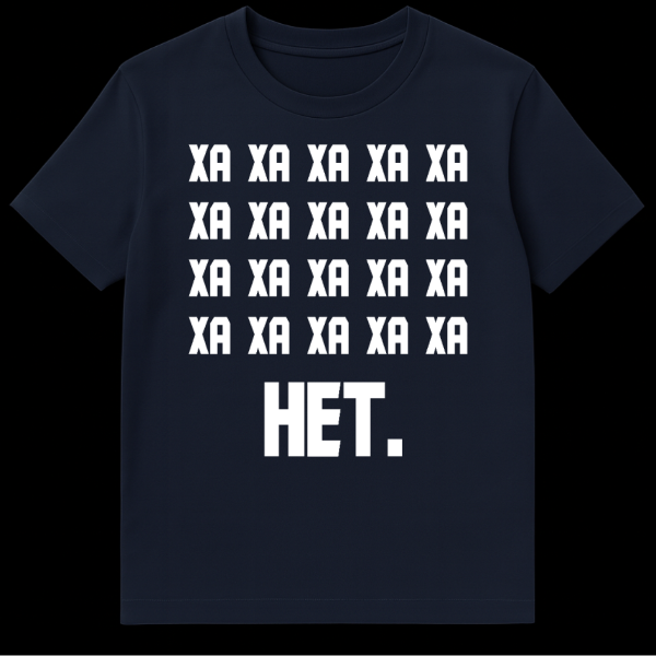 Grey t-shirt with a grid of white 'XA' repeats and a larger 'HET.' below, in bold, blocky typography. on navy blue t-shirt