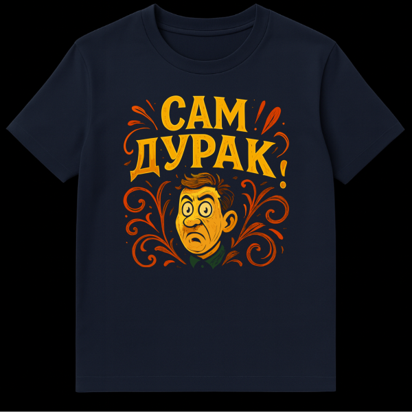 T-shirt featuring a cartoonish yellow-skinned man with an angry, surprised expression, surrounded by orange and brown flourishes. Above him, bold yellow text reads "САМ ДУРАК!" (YOU'RE THE FOOL!), conveying a humorous, defiant theme. on navy blue t-shirt