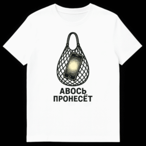 Vintage distressed graphic t-shirt featuring a black mesh shopping bag (avoska) holding a glowing smartphone, with the Russian text 'AVOS PRONESYOT' below. on White t-shirt