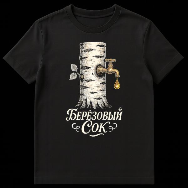 A t-shirt with a detailed vintage illustration of a birch tree trunk with a brass faucet, from which a golden drop of liquid falls. Below, elegant Russian script reads 'Beryozovy Sok'. on Black t-shirt