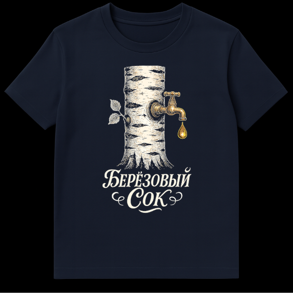A t-shirt with a detailed vintage illustration of a birch tree trunk with a brass faucet, from which a golden drop of liquid falls. Below, elegant Russian script reads 'Beryozovy Sok'. on Navy Blue t-shirt