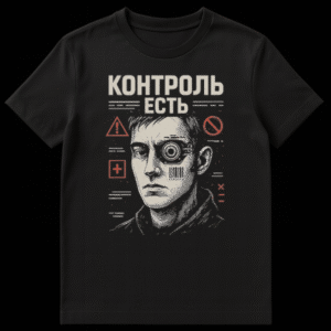 Model wearing a black t-shirt with a retro-futuristic cyberpunk design of a man with a bionic eye, barcode, digital elements, and Cyrillic text 'Control Exists'. on Black t-shirt