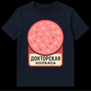 White t-shirt featuring a large, stylized retro graphic of a pink salami or bologna cross-section on a red and cream label with "Doctor's Sausage" text. on Navy Blue t-shirt