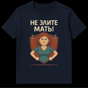 T-shirt with a stylized cartoon of an angry mother with clenched fists, set against a shield with 'anger lines' and the Russian text 'НЕ ЗЛИТЕ МАТЬ!'. on Navy Blue t-shirt