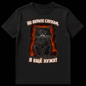 Mockup of a black t-shirt featuring a pixel-art angry fluffy black cat surrounded by red and orange flames, with Russian text "НЕ ВЕРЬТЕ СЛУХАМ, Я ЕЩЁ ХУЖЕ!" below it. on Black t-shirt