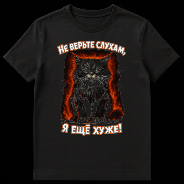 Mockup of a black t-shirt featuring a pixel-art angry fluffy black cat surrounded by red and orange flames, with Russian text "НЕ ВЕРЬТЕ СЛУХАМ, Я ЕЩЁ ХУЖЕ!" below it. on Black t-shirt