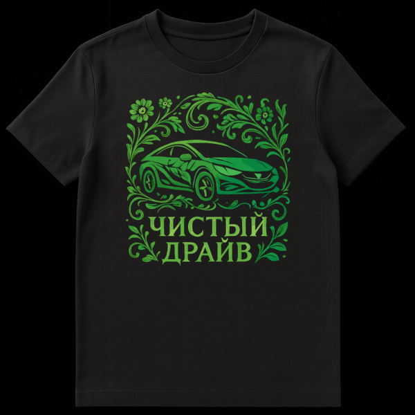 Close-up of a t-shirt featuring a green car made of leaves, surrounded by an ornate floral border, with Russian text "ЧИСТЫЙ ДРАЙВ" below. on black t-shirt