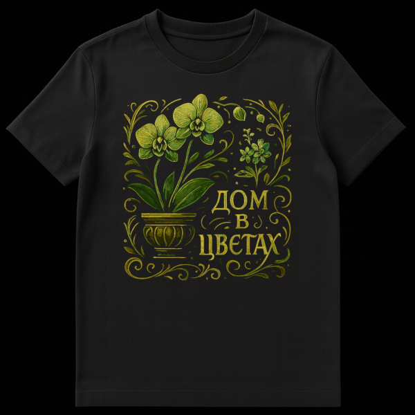 A t-shirt featuring a central illustration of a potted orchid with two green-yellow blooms, surrounded by swirling green and gold floral motifs. Golden Russian text reads "ДОМ В ЦВЕТАХ" (HOME IN FLOWERS). on black t-shirt