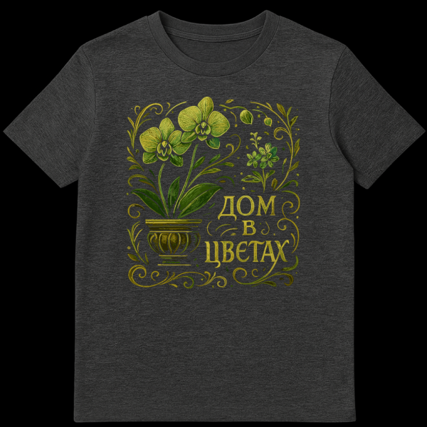A t-shirt featuring a central illustration of a potted orchid with two green-yellow blooms, surrounded by swirling green and gold floral motifs. Golden Russian text reads "ДОМ В ЦВЕТАХ" (HOME IN FLOWERS). on dark heather t-shirt