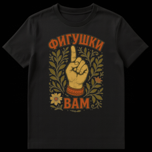 Vintage style t-shirt with a hand making a dismissive gesture, surrounded by botanical elements, and Russian text 'Figushki Vam' in burnt orange. on Black t-shirt