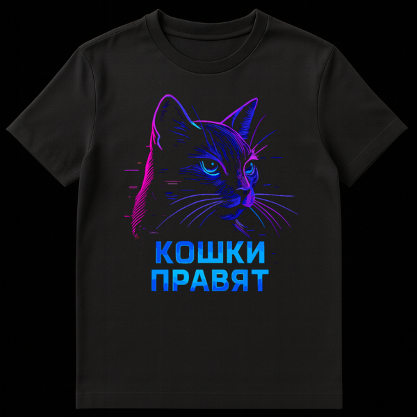 T-shirt mockup featuring a stylized glitch art cat's head in neon pink and blue, with "КОШКИ: ПРАВЯТ" (CATS: RULE) text below. on black t-shirt