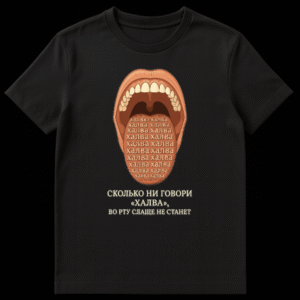 A white t-shirt featuring a cartoonish open mouth with a tongue covered in repeating Russian text 'Halva'. Below, more Russian text translates to 'No matter how many times you say "Halva", it won't get sweeter in your mouth'. on Black t-shirt