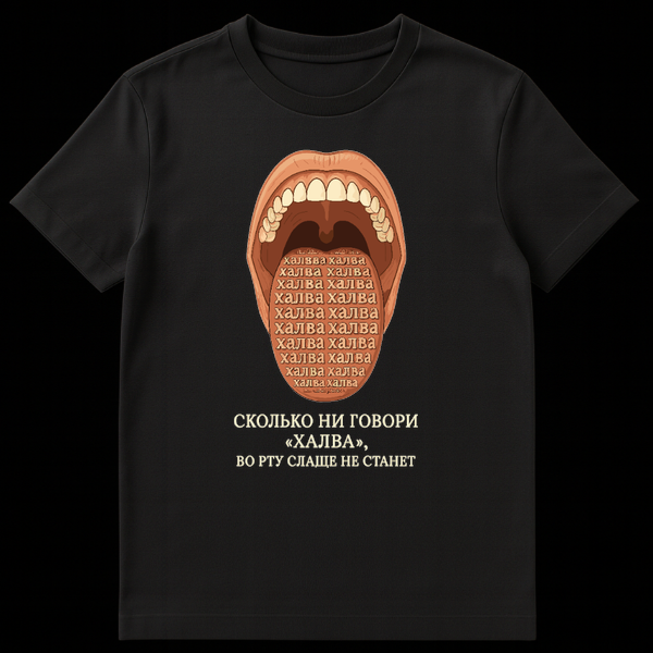 A white t-shirt featuring a cartoonish open mouth with a tongue covered in repeating Russian text 'Halva'. Below, more Russian text translates to 'No matter how many times you say "Halva", it won't get sweeter in your mouth'. on Black t-shirt