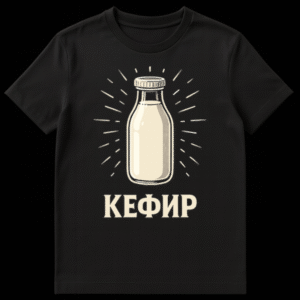 A t-shirt featuring a vintage illustration of a glowing milk bottle above the Cyrillic word KEFIR in a bold serif font, on a plain background. on Black t-shirt
