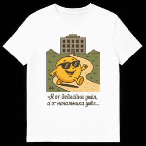 A t-shirt with a cartoon of a yellow lemon emoji wearing sunglasses, walking away from an office building on a winding path with Russian text that translates to 'I left the deadline, and I left the boss...' on White t-shirt
