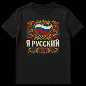 Close-up of a t-shirt featuring a heart-shaped Russian flag surrounded by colorful folk art patterns and the text 'Я РУССКИЙ' in a distressed font. on Black t-shirt