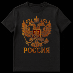 Black t-shirt featuring a detailed, embroidered-style Russian double-headed eagle coat of arms in gold and brown, with "РОССИЯ" (Russia) in golden textured font below it. on Black t-shirt