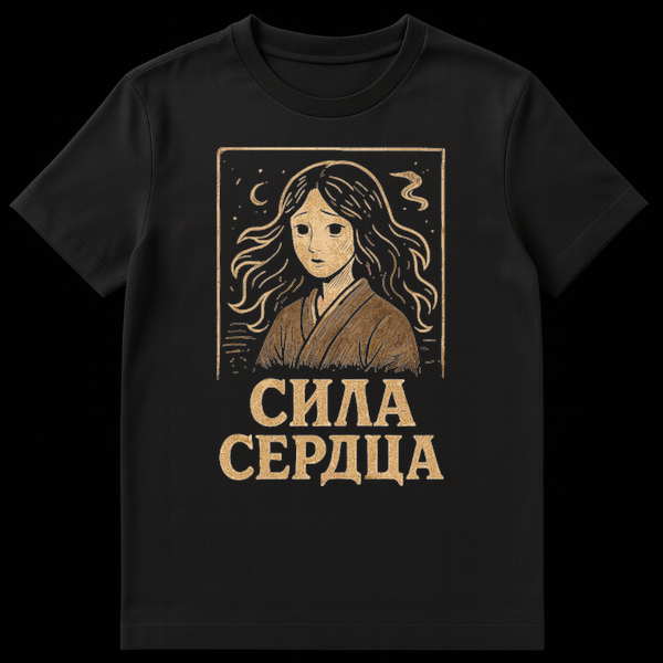 T-shirt featuring a melancholic girl with long hair, a starry sky, and a crescent moon in a vintage woodblock style. Below the image, the Russian text "СИЛА СЕРДЦА" (Power of the Heart) is displayed in a golden-brown font. on Black t-shirt