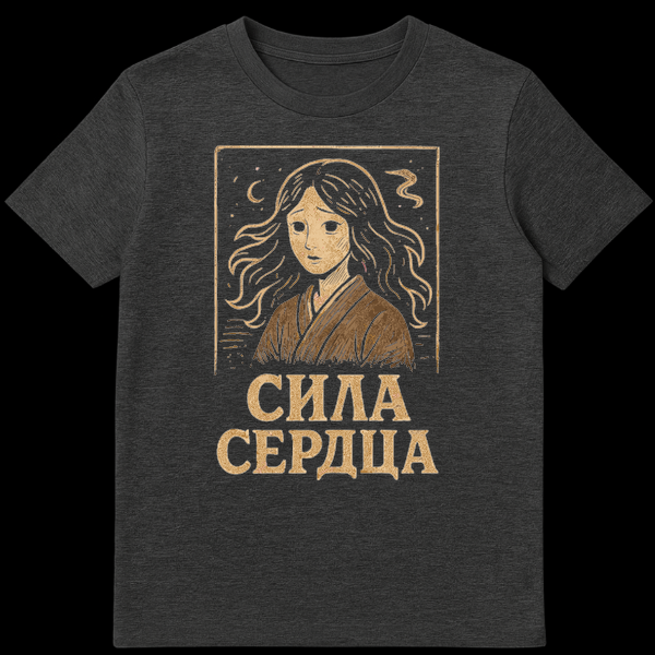 T-shirt featuring a melancholic girl with long hair, a starry sky, and a crescent moon in a vintage woodblock style. Below the image, the Russian text "СИЛА СЕРДЦА" (Power of the Heart) is displayed in a golden-brown font. on Dark Heather t-shirt