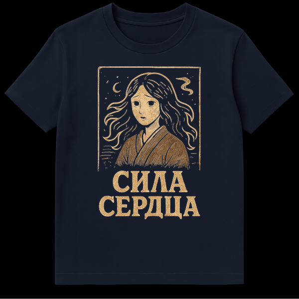 T-shirt featuring a melancholic girl with long hair, a starry sky, and a crescent moon in a vintage woodblock style. Below the image, the Russian text "СИЛА СЕРДЦА" (Power of the Heart) is displayed in a golden-brown font. on Navy Blue t-shirt