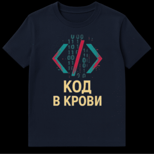 Close-up of a black t-shirt featuring a stylized teal and red coding bracket symbol with binary code background and Cyrillic text 'КОД В КРОВИ' in a distressed style. on Navy Blue t-shirt