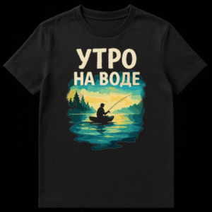 T-shirt mockup featuring a graphic design of a serene lake at sunrise/sunset with a silhouetted fisherman in a boat and Russian text 'УТРО НА ВОДЕ' on Black t-shirt