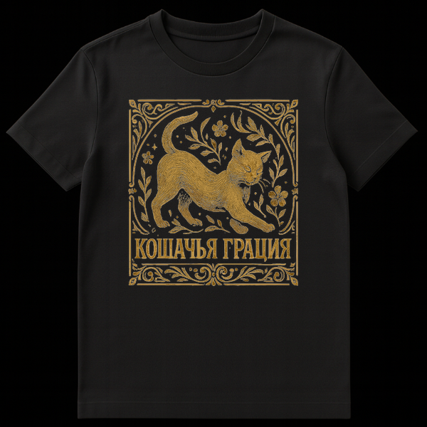 Golden cat stretching amidst vintage floral elements within an ornate rectangular border on a dark t-shirt, with Cyrillic text 'КОШАЧЬЯ ГРАЦИЯ' below. on Black t-shirt