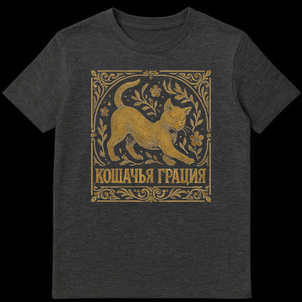 Golden cat stretching amidst vintage floral elements within an ornate rectangular border on a dark t-shirt, with Cyrillic text 'КОШАЧЬЯ ГРАЦИЯ' below. on Dark Heather t-shirt