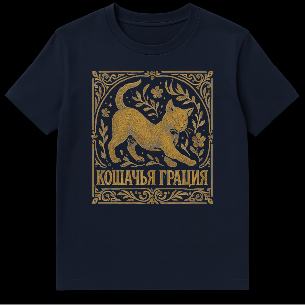 Golden cat stretching amidst vintage floral elements within an ornate rectangular border on a dark t-shirt, with Cyrillic text 'КОШАЧЬЯ ГРАЦИЯ' below. on Navy Blue t-shirt