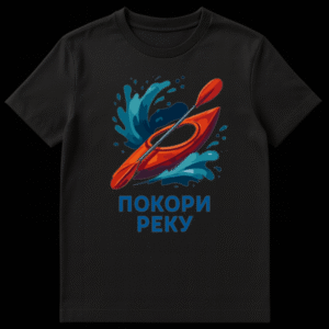 Black t-shirt mockup featuring a stylized orange kayak with a paddle, dynamic blue water splashes, and blue Cyrillic text 'ПОКОРИ РЕКУ' below. on Black t-shirt