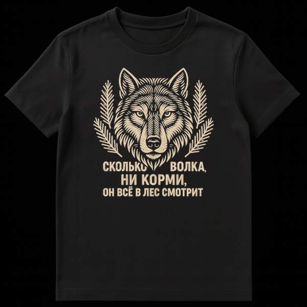 Close-up of a t-shirt showing a vintage woodcut-style wolf head illustration flanked by pine branches, with distressed Russian text below. on Black t-shirt