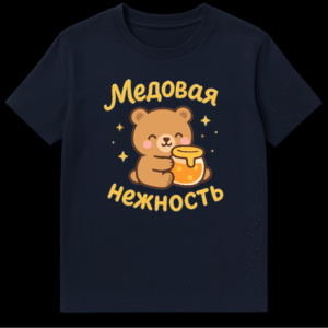 Close-up of a t-shirt featuring a cute cartoon brown bear hugging a honey pot, surrounded by golden sparkles. Text reads 'Медовая нежность' in golden-yellow handwritten font. on Navy Blue t-shirt