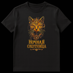 Black t-shirt featuring a golden steampunk cat head made of gears, with "НОЧНАЯ ОХОТНИЦА" (Night Huntress) in gold Russian text below it. on Black t-shirt