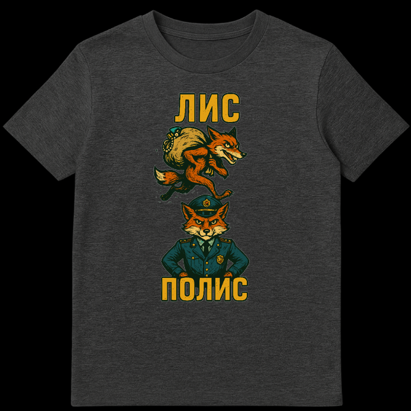 Distressed vintage t-shirt design showing a running fox thief with a sack and a stern fox police officer. Text reads 'ЛИС' at the top and 'ПОЛИС' at the bottom. T-shirt is a light color. on Dark Heather t-shirt