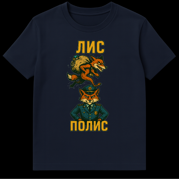 Distressed vintage t-shirt design showing a running fox thief with a sack and a stern fox police officer. Text reads 'ЛИС' at the top and 'ПОЛИС' at the bottom. T-shirt is a light color. on Navy Blue t-shirt