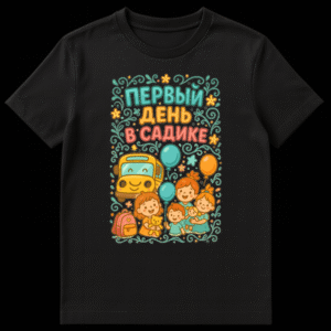 Cheerful cartoon t-shirt design with children, school bus, balloons, and 'ПЕРВЫЙ ДЕНЬ В САДИКЕ' (First Day in Kindergarten) text, framed by a floral border. on Black t-shirt