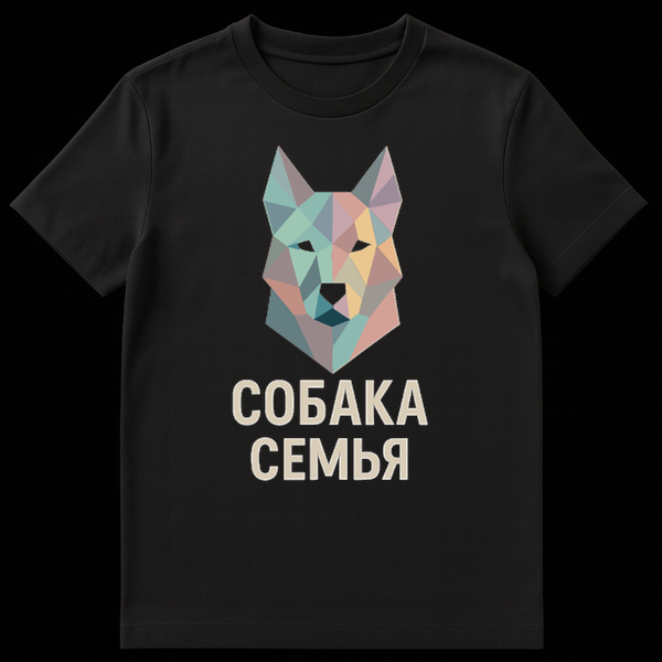 Black t-shirt featuring a stylized polygonal dog head in pastel teal, pink, beige, and grey. Below it, the text "СОБАКА СЕМЬЯ" is written in a light sans-serif font. The style is modern and geometric. on Black t-shirt