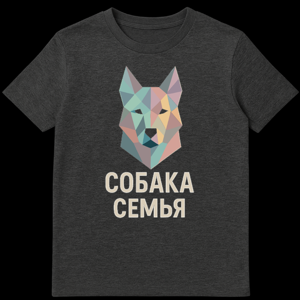 Black t-shirt featuring a stylized polygonal dog head in pastel teal, pink, beige, and grey. Below it, the text "СОБАКА СЕМЬЯ" is written in a light sans-serif font. The style is modern and geometric. on Dark Heather t-shirt
