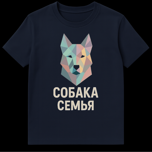 Black t-shirt featuring a stylized polygonal dog head in pastel teal, pink, beige, and grey. Below it, the text "СОБАКА СЕМЬЯ" is written in a light sans-serif font. The style is modern and geometric. on Navy Blue t-shirt