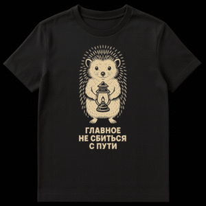 A black t-shirt featuring a stylized beige hedgehog in vintage woodcut style, holding a lit lantern, with Russian text 'ГЛАВНОЕ НЕ СБИТЬСЯ С ПУТИ' (The main thing is not to stray from the path) printed on it. on Black t-shirt