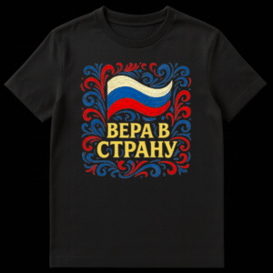 Close-up of a black t-shirt featuring a design with a waving Russian flag above the Cyrillic text "ВЕРА В СТРАНУ" framed by red and blue folk-art swirling patterns. on Black t-shirt